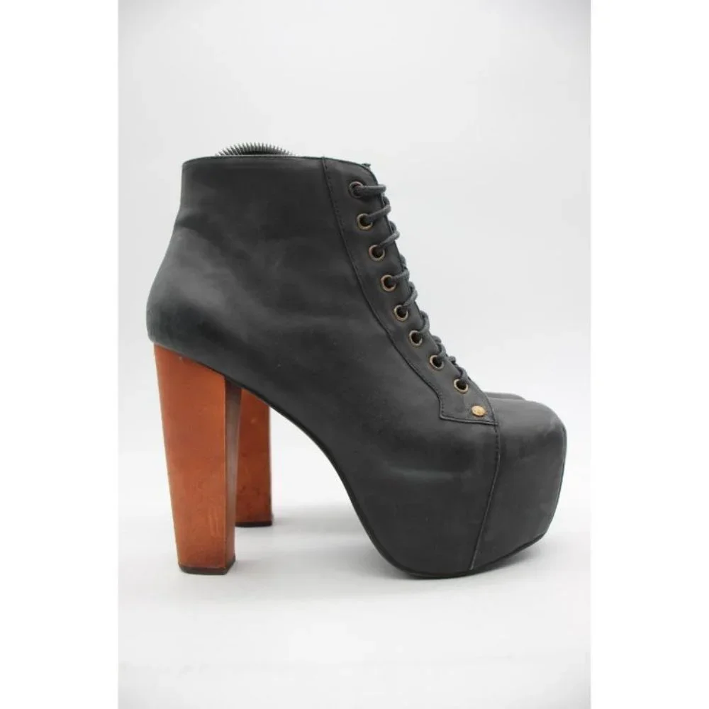 Jeffrey Campbell Lita Women's 7.5 M Black Leather Platform Booties Wooden Heels